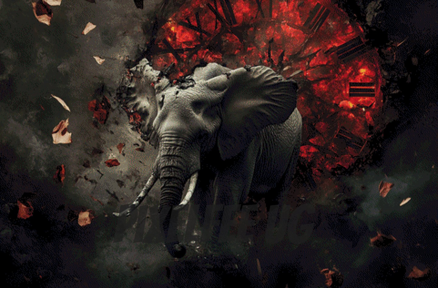 Pixelfee Diamond Painting Elefant mit der roten AI Uhr von Kreativköter