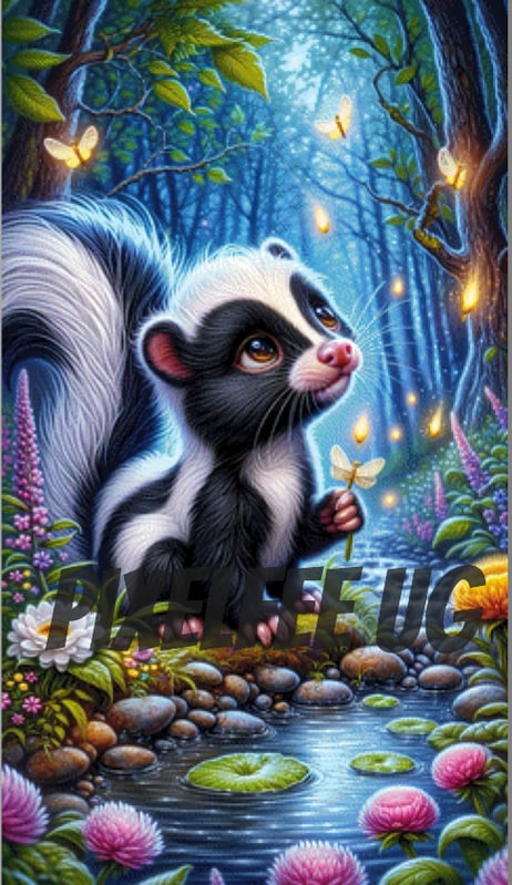 Pixelfee Diamond Painting Stunk beobachtet die Gluehwuermchen von Tante Tati