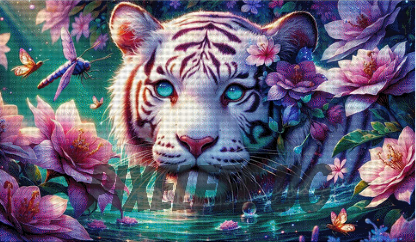 Pixelfee Diamond Painting White tiger in the flower paradise von Tante Tati