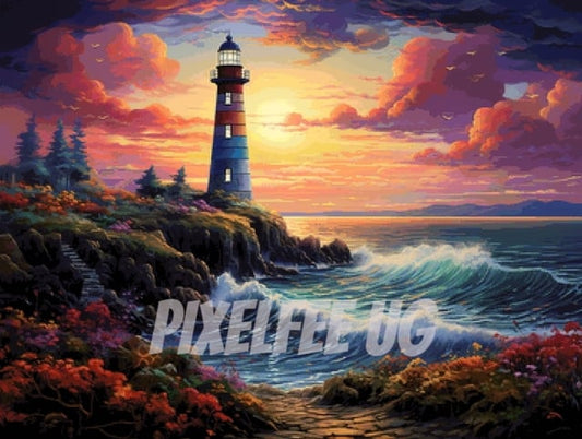 Pixelfee Diamond Painting Lighthouse Sunset von Sandrietta_ai
