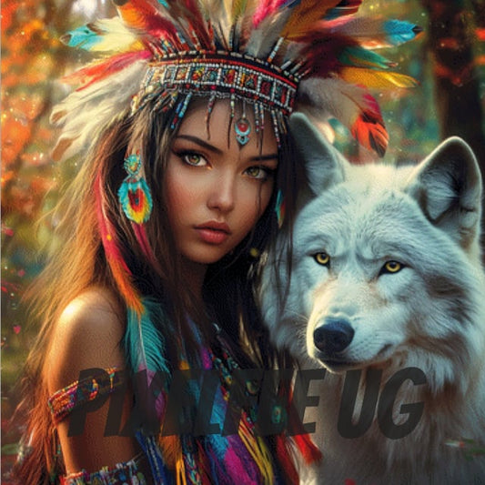 Pixelfee Diamond Painting NativeAmerican with wolf von Kreativköter
