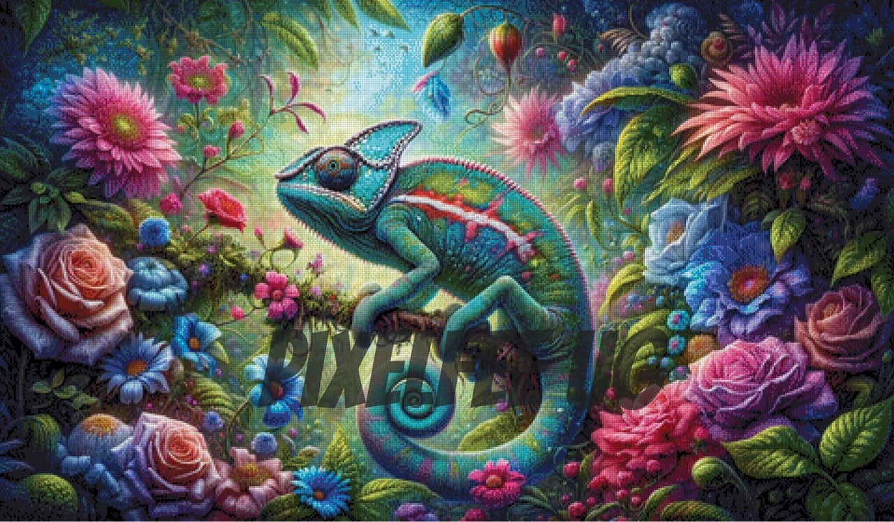 Pixelfee Diamond Painting Gecko im Blumenparadiesi von Tante Tati