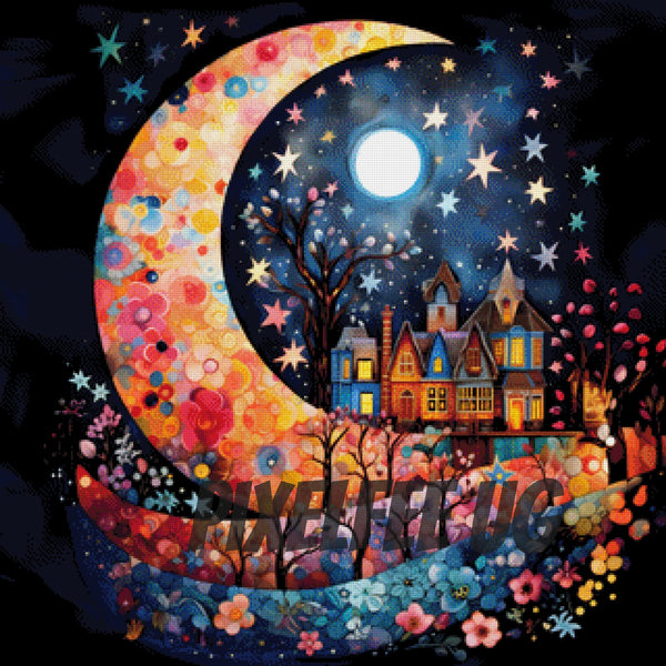 Pixelfee Diamond Painting Moonlit Village von nadaya_illustration_jp