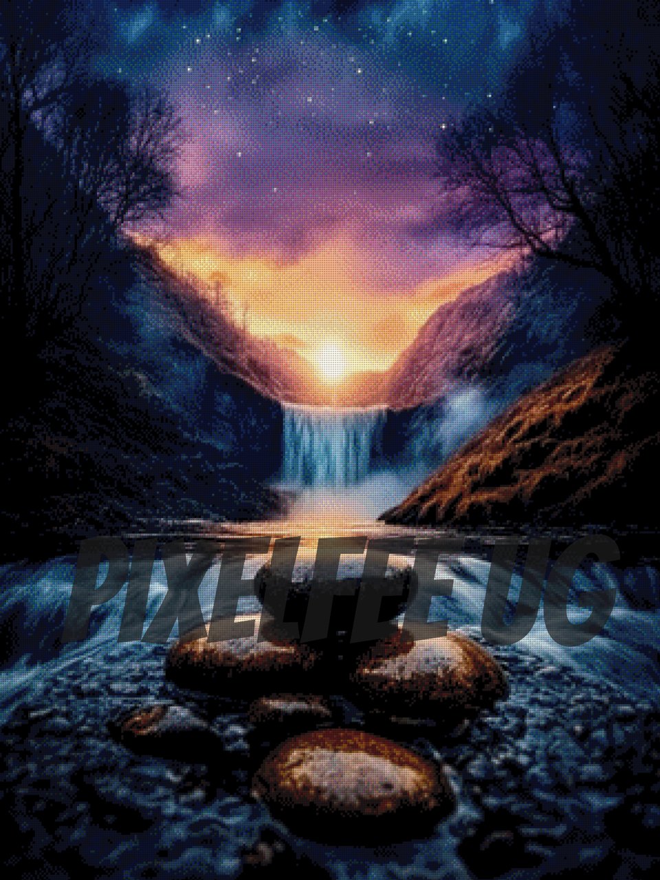 Pixelfee Diamond Painting Waterfall at night von CaroFelicia