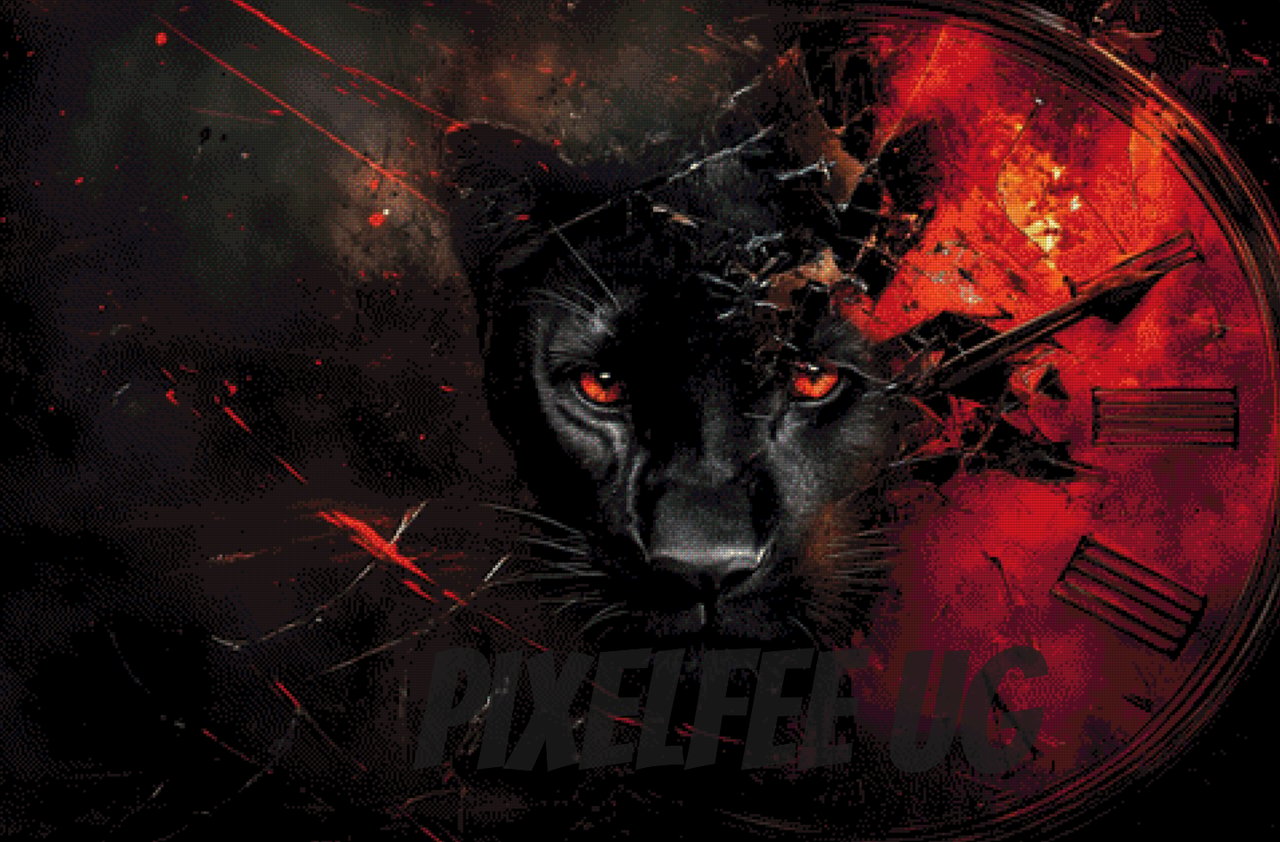 Pixelfee Diamond Painting Panther mit der roten AI Uhr von Kreativköter