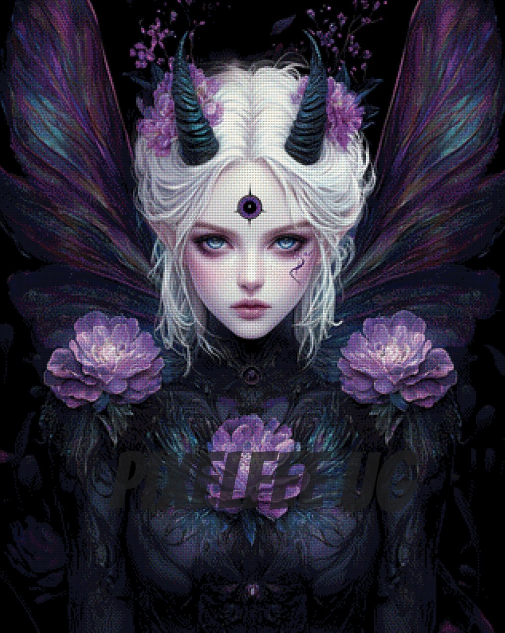 Pixelfee Diamond Painting Kronenträgerin der Dunkelblumen von Sandrietta_ai